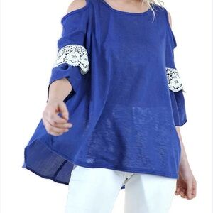 Women’s Umgee USA Cold Shoulder Blue With Lace Top Size Large‎